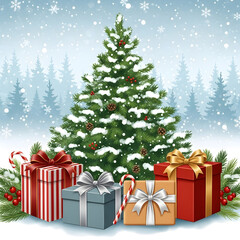 Heartwarming Holiday Scene with Snow-Dusted Tree, Presents, and Peaceful Winter Background