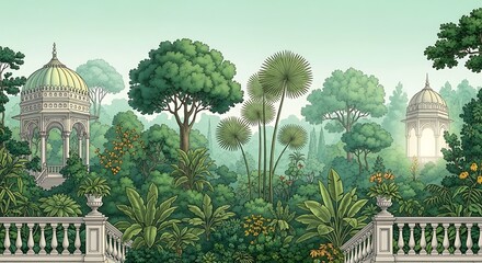 Traditional Mughal garden scene in Pichwai style featuring peacock and arches, designed for wallpaper