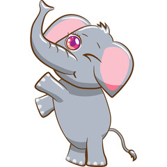 Cute Cartoon Elephant Dancing with Raised Trunk and Big Pink Eyes on Transparent Background