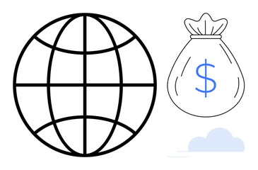 Globe with grid lines beside a dollar-marked money bag and a cloud. Ideal for finance, globalization, trade, wealth, markets, savings, and economic growth. Simple flat metaphor