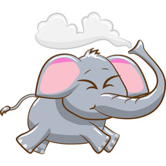 Cute Cartoon Elephant with Pink Ears and Tail Spraying Water with Clouds Above Head Against Transparent Background