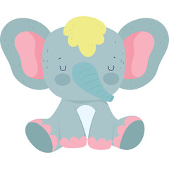 Cute Cartoon Elephant With Yellow Hair And Pink Ears Sitting With Closed Eyes And Gentle Smile Soft Blue Grey Skin And Light Blue Trunk And Pink Feet On Transparent Background