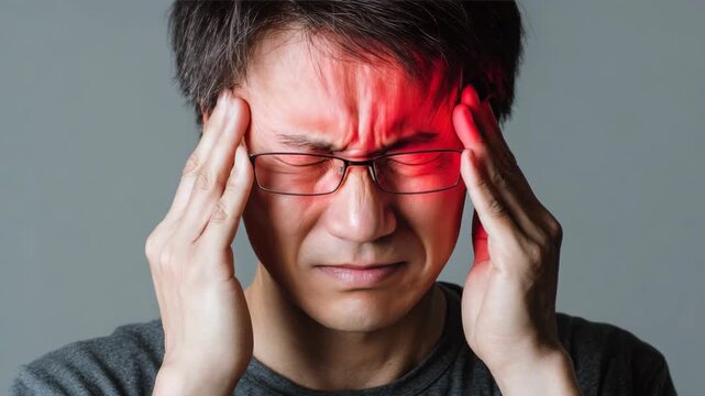 Man with glasses holding his head in pain, red light highlighting headache area, realistic style, gray background, concept of migraine or stress