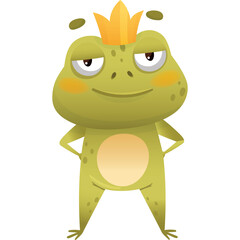 Cute Cartoon Frog King Character With Golden Crown And Cheek Blushes And Suspicious Eyes Standing Confidently With Hands On Hips Against White Background