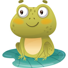 Cute Cartoon Frog Sitting on a Lily Pad with Big Eyes and Rosy Cheeks on a Transparent Background
