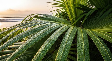 Close-up view of a palm leaf covered in water droplets with the ocean in the background.