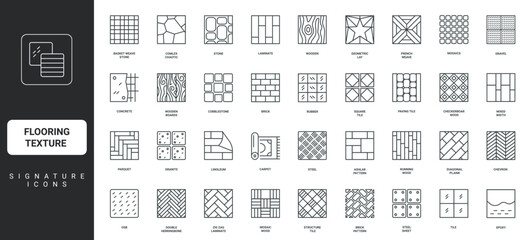 Flooring textures, cobblestone and gravel paving road, wooden floor line icon set. Pebble and rock, tile and carpet, granite and steel surface thin black and red outline symbols vector illustration