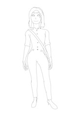 A determined woman in a white blouse and black trousers stands confidently with her hands on her hips, carrying a bag against a clean white background.