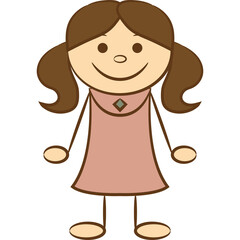 Cute Cartoon Girl With Pigtails and A Pink Dress Smiling Happily Isolated On White Background