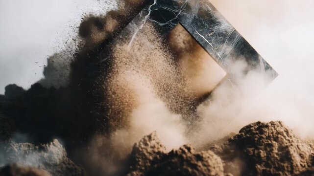Abstract cgi animation of a marble textured square object amid a cloud of dust