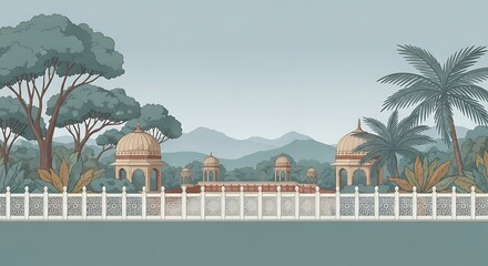 Traditional Mughal garden scene in Pichwai style featuring peacock and arches, designed for wallpaper