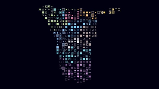 Namibia animated country shape. Pulsating colored dots on the map of the country. Large size square blocks. Digital style Namibia map on dark background. Amazing animation video.