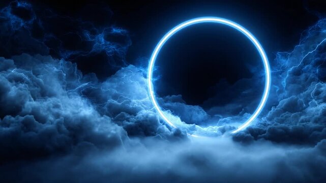 Abstract rendering of a bright blue neon circle floating in a fluffy blue cloudscape