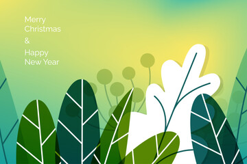 Bright and colorful holiday greeting featuring lush green leaves and cheerful wishes for Christmas and New Year