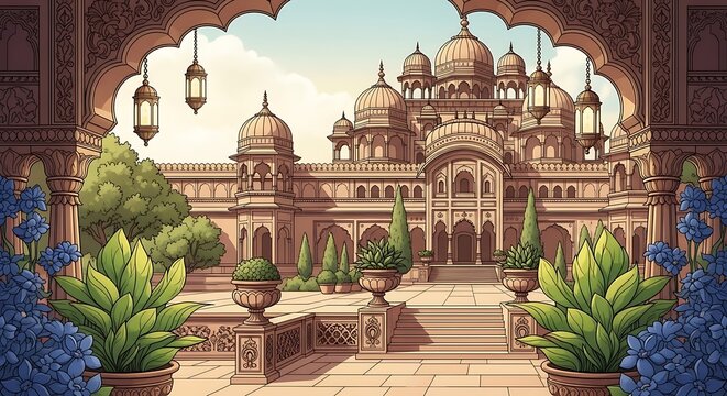 Traditional Mughal garden scene in Pichwai style featuring peacock and arches, designed for wallpaper