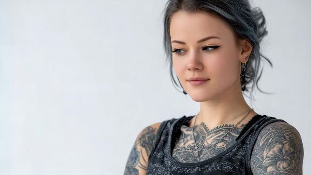 336Portrait of tattooed woman artist, full-body view, detailed black and gray tattoos visible, white background with studio lighting for clean, high-quality aesthetic
