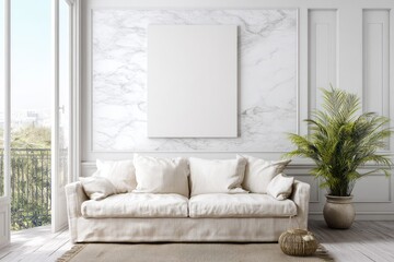 Fototapeta premium A bright living room features a white sofa against a marble wall.