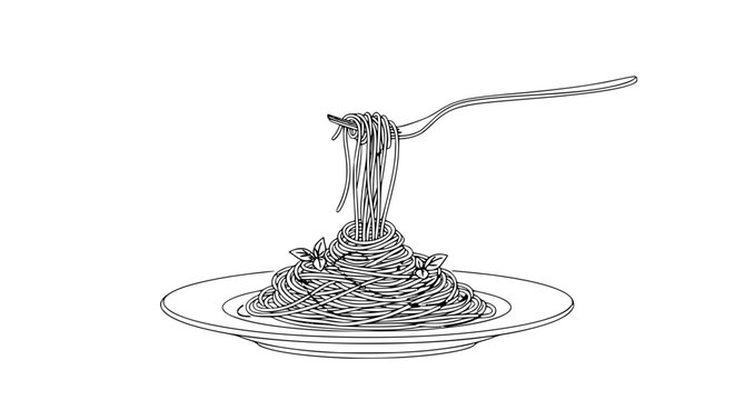 Vector illustration of Italian spaghetti dish with fork and noodles, elegant line art