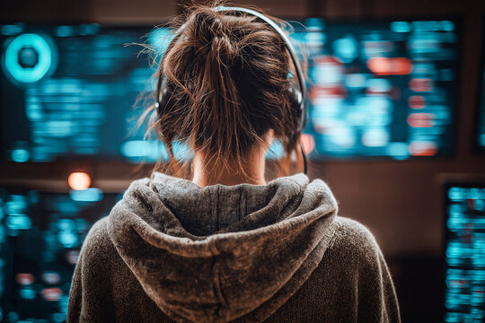 Young woman analyst or hacker with headphones working at the data center. 
