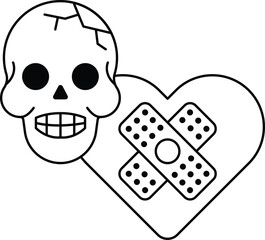A skull with a broken jaw and a bandage on the heart