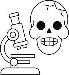 A skull is shown with a microscope in the background
