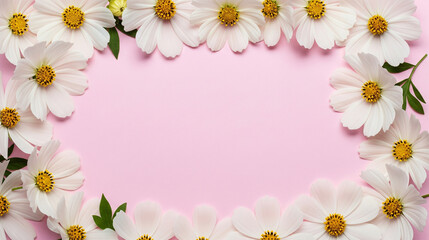 Fototapeta premium Beautiful White Cosmos Flowers Frame on a Soft Pink Background