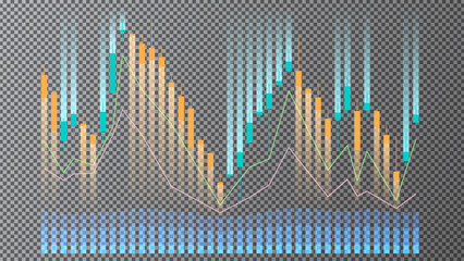 Financial data visualization showing market trends and fluctuations over time with colorful graphs and charts