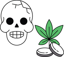 A skull is drawn next to a leafy green plant