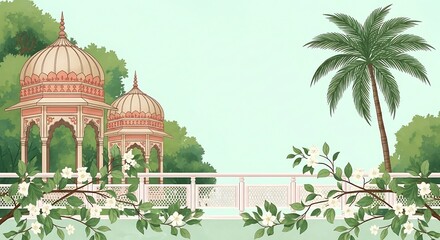 Traditional Mughal garden scene in Pichwai style featuring peacock and arches, designed for wallpaper