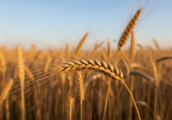 Fototapeta premium Golden wheat field at sunset with sun rays, closeup of a single ear of wheat