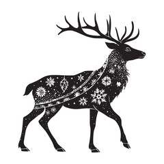 Christmas Reindeer Vector Illustration. Black and White Decorative Winter Deer Silhouette with Snowflakes. Elegant black and white Christmas reindeer vector illustration