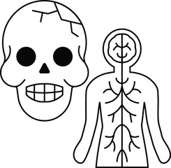 A skull and a skeleton's skeleton are drawn in black and white