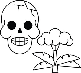 A skull is drawn with a smile on its face and a tree is drawn in the background