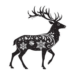 Christmas Reindeer Vector Illustration. Black and White Decorative Winter Deer Silhouette with Snowflakes. Elegant black and white Christmas reindeer vector illustration