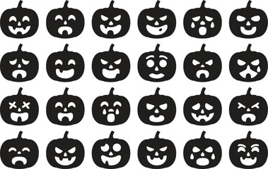 Halloween Pumpkin Faces Icon Set - Scary Jack-O'-Lanterns Vector Illustration Isolate on White Background 