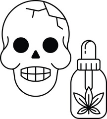 A skull with a bottle of cannabis oil next to it
