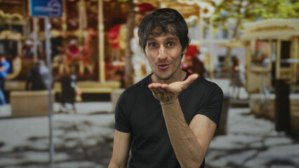 Man raising hand to lips for a kiss gesture on a busy street with carnival rides visible; affection.