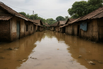 Fototapeta premium Flooded Village with Muddy Water – Symbol of Pollution and Natural Disaster