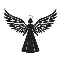 Angel Silhouette Vector Illustration. Black and White Winged Angel with Halo for Christmas or Religious Design