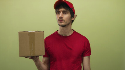 Man wearing red cap and shirt holding box and checking package while tilting head in studio;...
