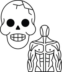 A skull and a man's body are drawn in black and white