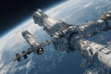Huge Modular White Space Station Docked in Orbit High Above the Curving Blue and White Atmosphere of Planet Earth