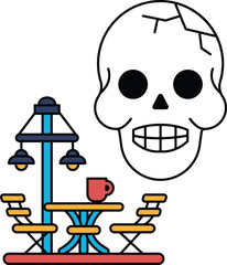 A skull is drawn in the center of a black and white image of a cafe