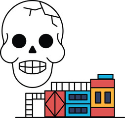 A skull is drawn next to a building
