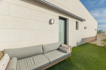 Mediterranean design with Lawn, vines on the pergola, and a rustic wooden table for family meals