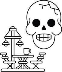 A skull is drawn in the center of a black and white image of a cafe