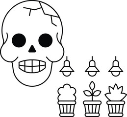 A skull is surrounded by a bunch of potted plants