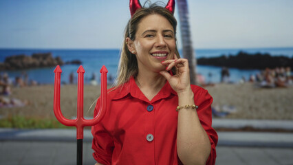 Blonde woman in red shirt with devil horns smiles and holds red trident on street; playful mischief.