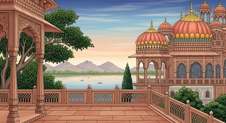 Traditional Mughal garden scene in Pichwai style featuring peacock and arches, designed for wallpaper