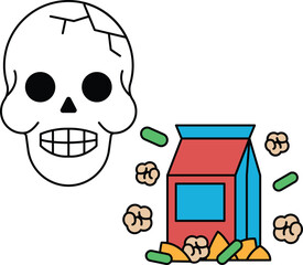 A skull is next to a box of corn flakes